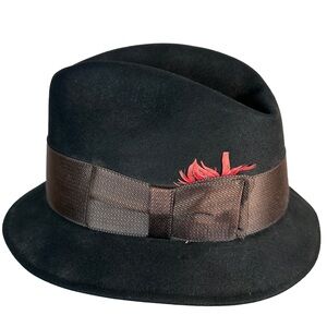 Resistol vintage hat fedora‎ black short brim wool red feather formal 990